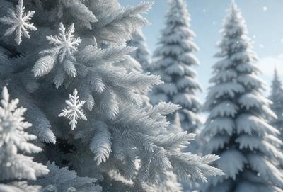 The primary subject of the image is a snow-covered tree with a branch that has snowflakes on it. The setting is a snowy forest, and the visual style is digital art. The dominant colors are white and gray, creating a serene and cold atmosphere.